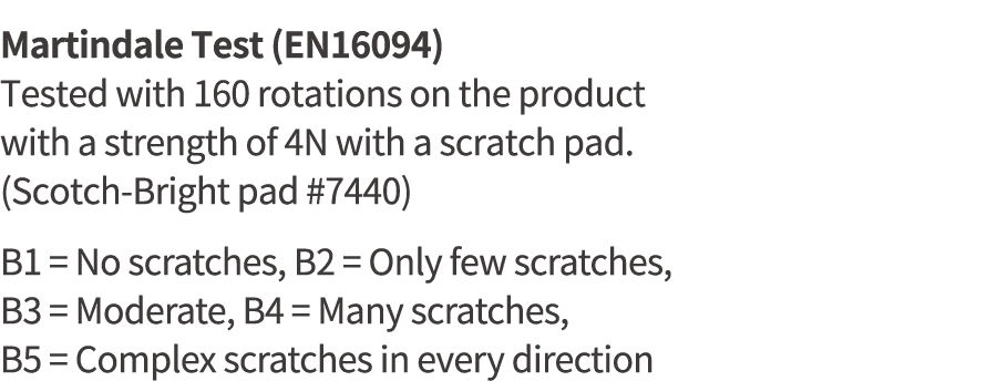 Martindale Test (EN16094) Tested with 160 rotations on the product with a strength of 4N with a scratch pad  (Scotch-   