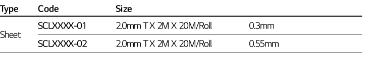 Type ,Code,Size,,Sheet,SCLXXXX-01,2 0mm T X 2M X 20M Roll,0 3mm,SCLXXXX-02,2 0mm T X 2M X 20M Roll,0 55mm