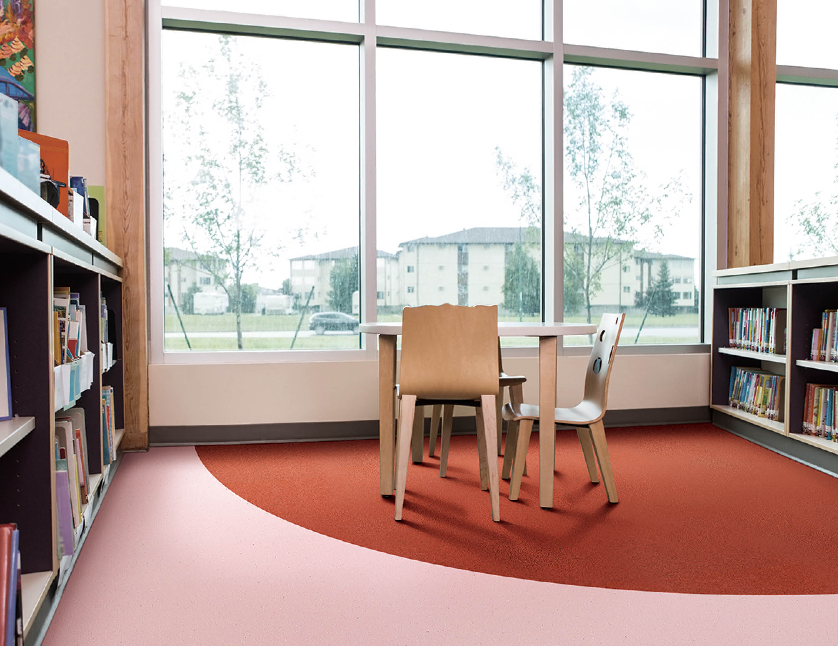 Interior of library with bookshelves and seating arrangement; Shutterstock ID 225428074