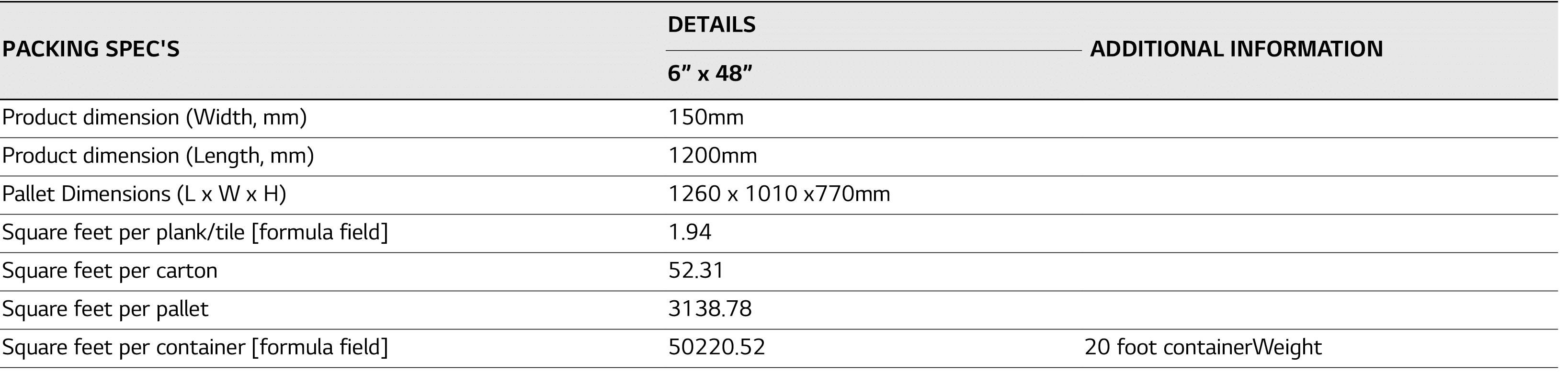 PACKING SPEC'S,DETAILS, ADDITIONAL INFORMATION,6  x 48 ,Product dimension (Width, mm),150mm ,,Product dimension (Leng   