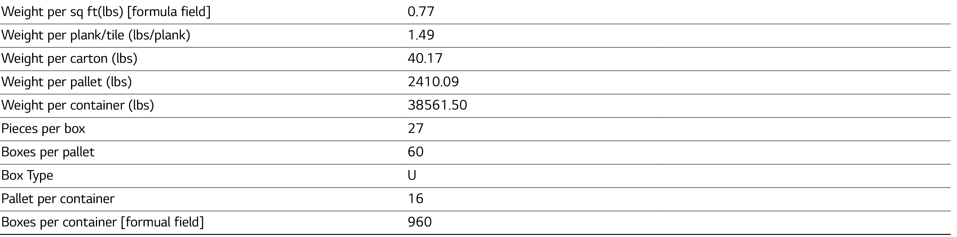 Weight per sq ft(lbs)  formula field ,0 77,,Weight per plank tile (lbs plank),1 49,,Weight per carton (lbs),40 17,,We   