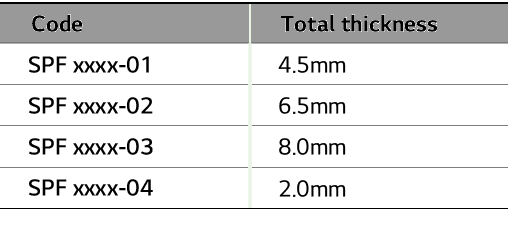 Code,Total thickness,SPF xxxx-01,4 5mm,SPF xxxx-02,6 5mm,SPF xxxx-03,8 0mm,SPF xxxx-04,2 0mm