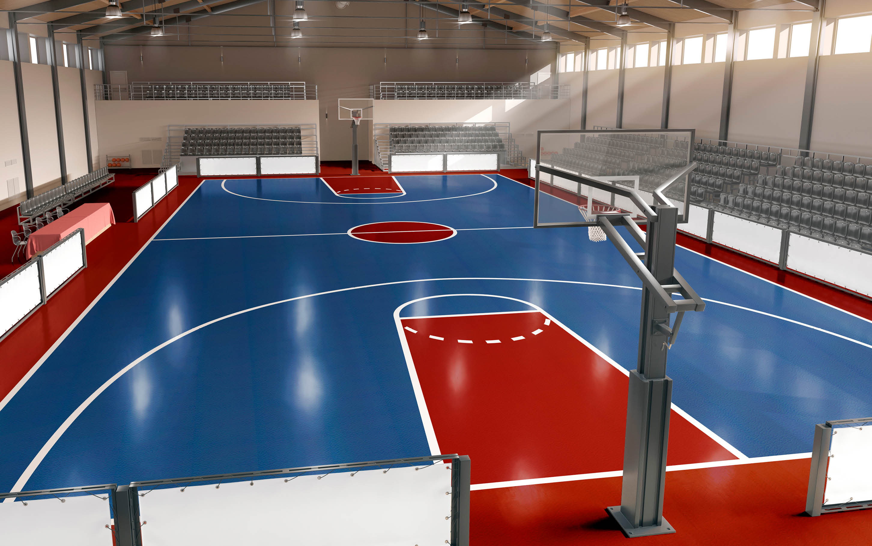 Basketball court with hoop and tribune mockup, top view, 3d rendering  School or professional basketball field or area background  Sport floor surface for tournament or league game template 